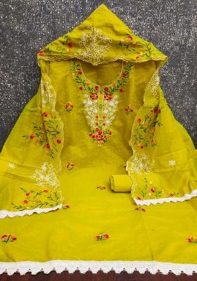 Mehandi Embroidered Cotton Blend Dress Material