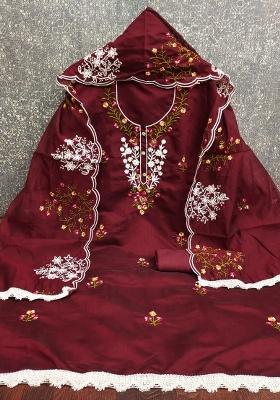 Maroon Embroidered Cotton Blend Dress Material