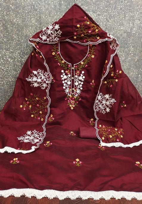 Maroon Embroidered Cotton Blend Dress Material