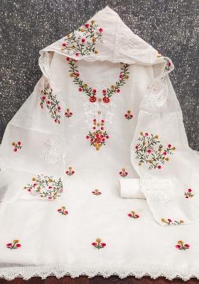 White Embroidered Cotton Blend Dress Material