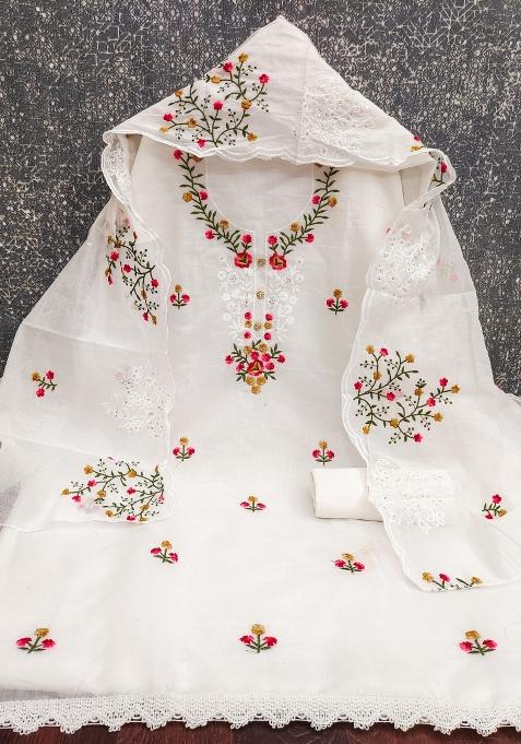 White Embroidered Cotton Blend Dress Material