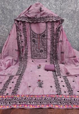 Lavender Embroidered Cotton Blend Dress Material