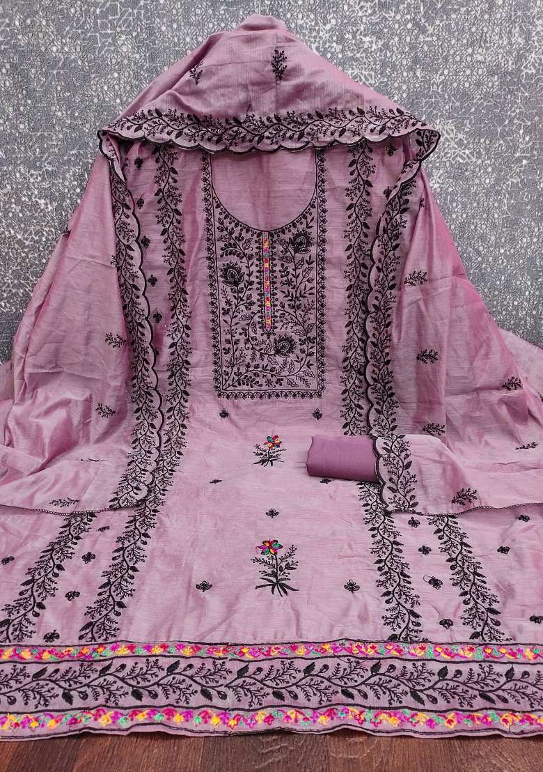 Lavender Embroidered Blended Straight Kurta Set - Indya