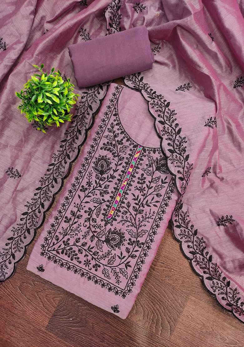 Lavender Embroidered Blended Straight Kurta Set - Indya