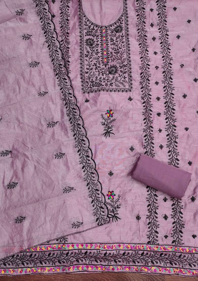 Lavender Embroidered Blended Straight Kurta Set - Indya