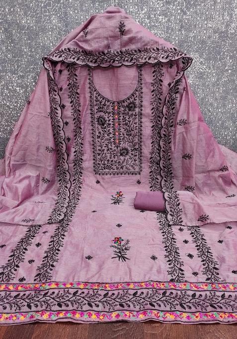 Lavender Embroidered Blended Straight Kurta Set