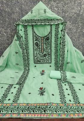Light Green Embroidered Cotton Blend Dress Material