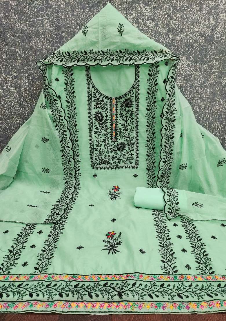 Light Green Embroidered Cotton Pakistani Suit Set - Indya