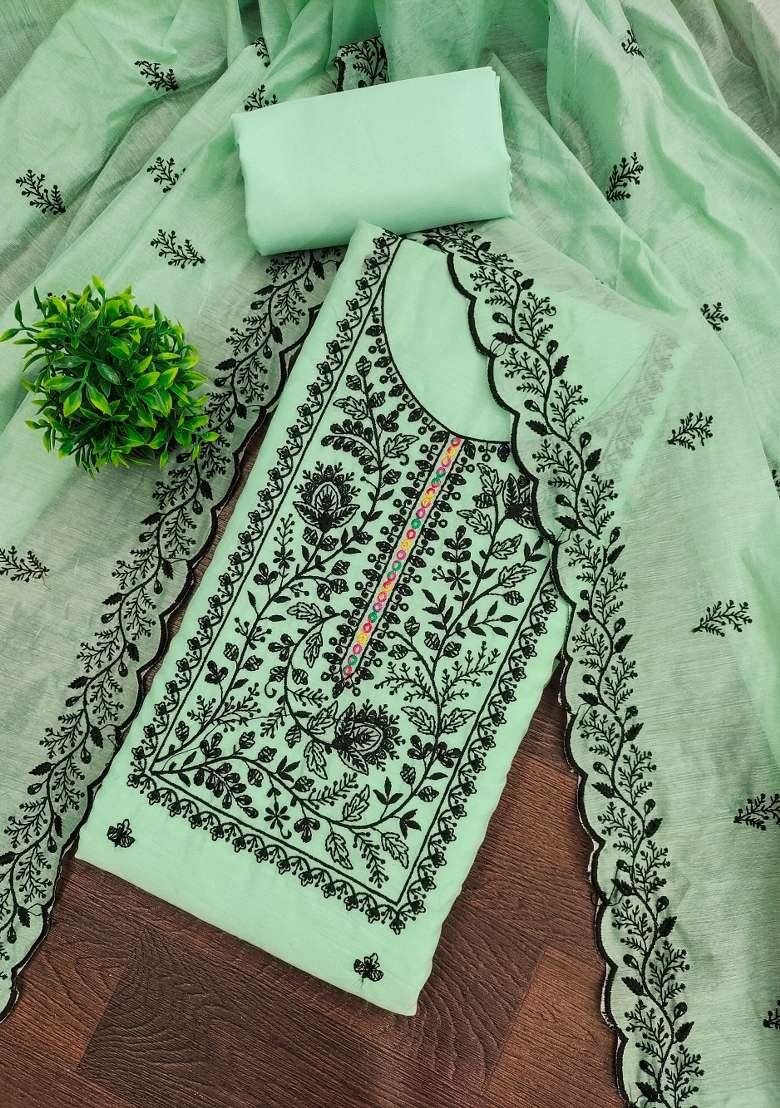 Light Green Embroidered Cotton Pakistani Suit Set - Indya