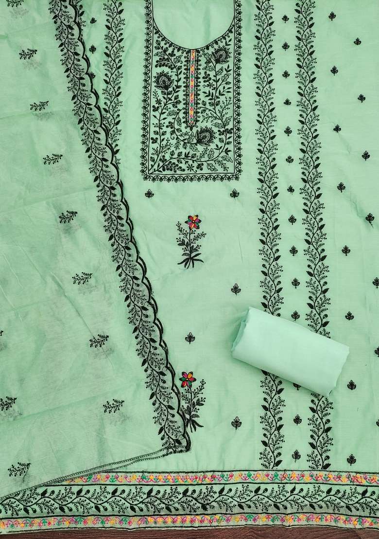 Light Green Embroidered Cotton Pakistani Suit Set - Indya