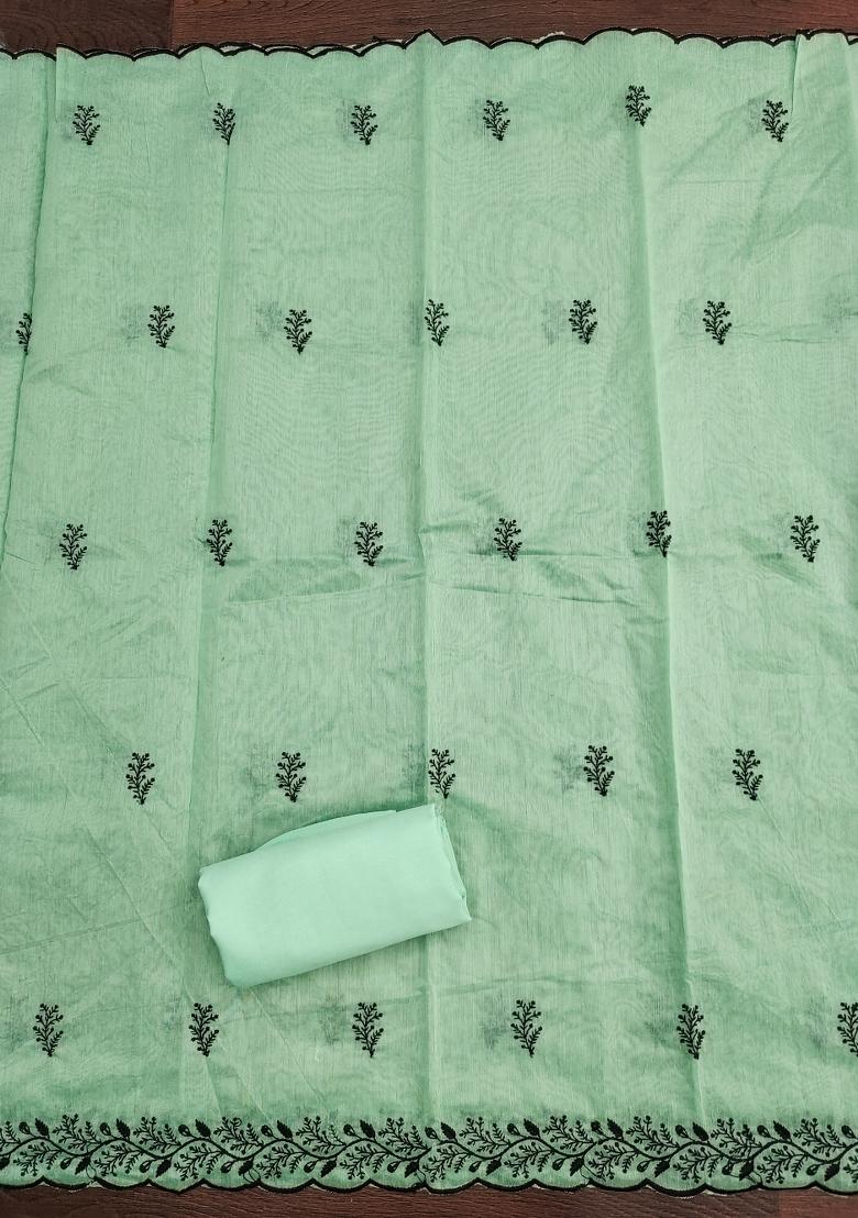 Light Green Embroidered Cotton Blend Dress Material - Indya