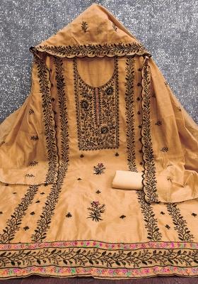 Mustard Embroidered Cotton Blend Dress Material