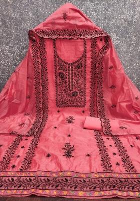 Pink Embroidered Cotton Blend Dress Material