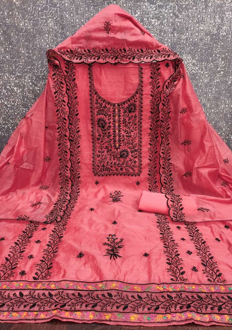 Pink Embroidered Blended Pakistani Suit Set - Indya