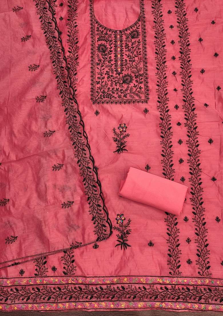 Pink Embroidered Blended Pakistani Suit Set - Indya