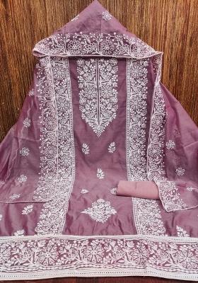 Lavender Embroidered Cotton Blend Dress Material