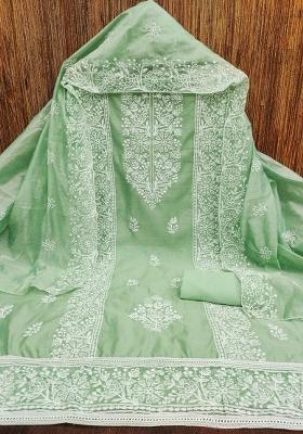 Light Green Embroidered Cotton Blend Dress Material