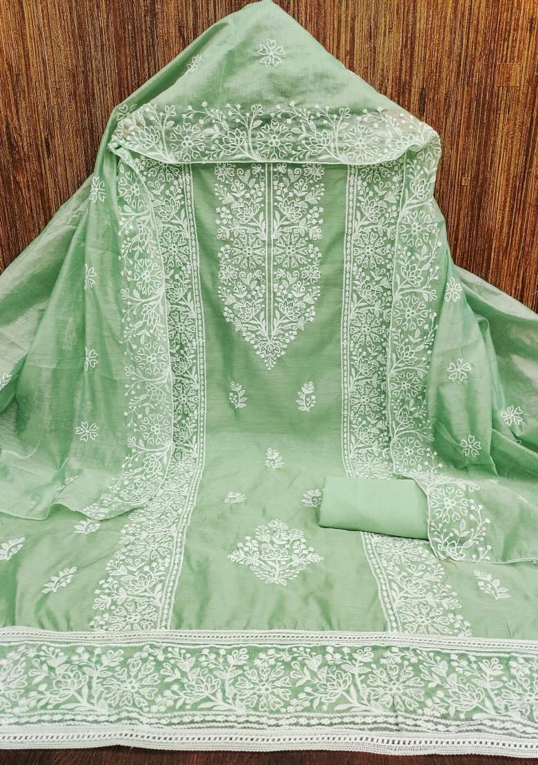 Light Green Embroidered Cotton Blend Dress Material