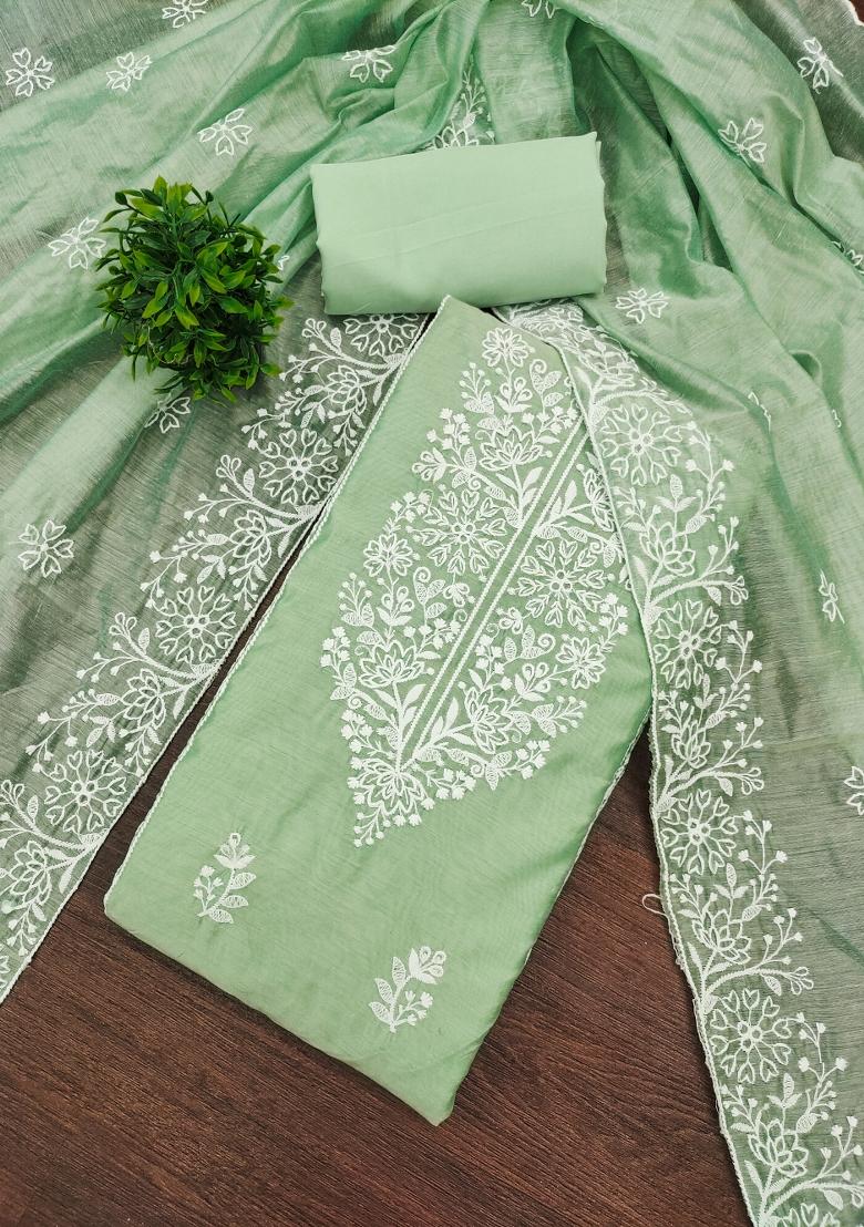Light Green Embroidered Cotton Blend Dress Material