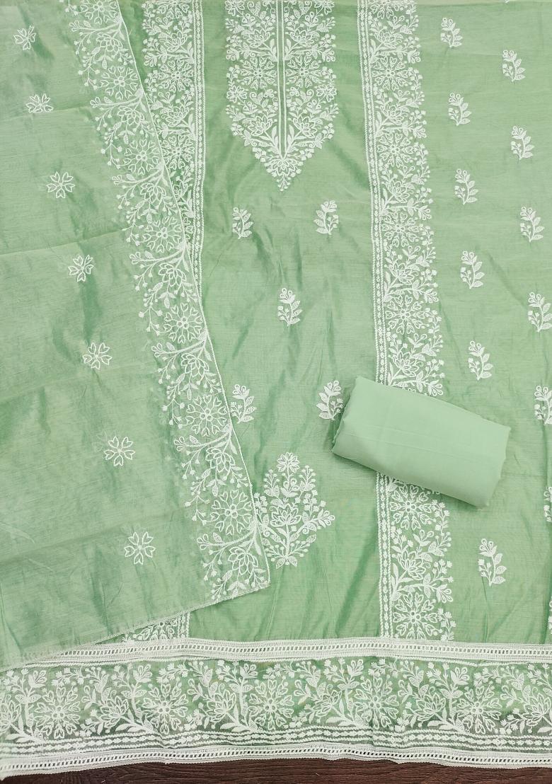 Light Green Embroidered Cotton Blend Dress Material