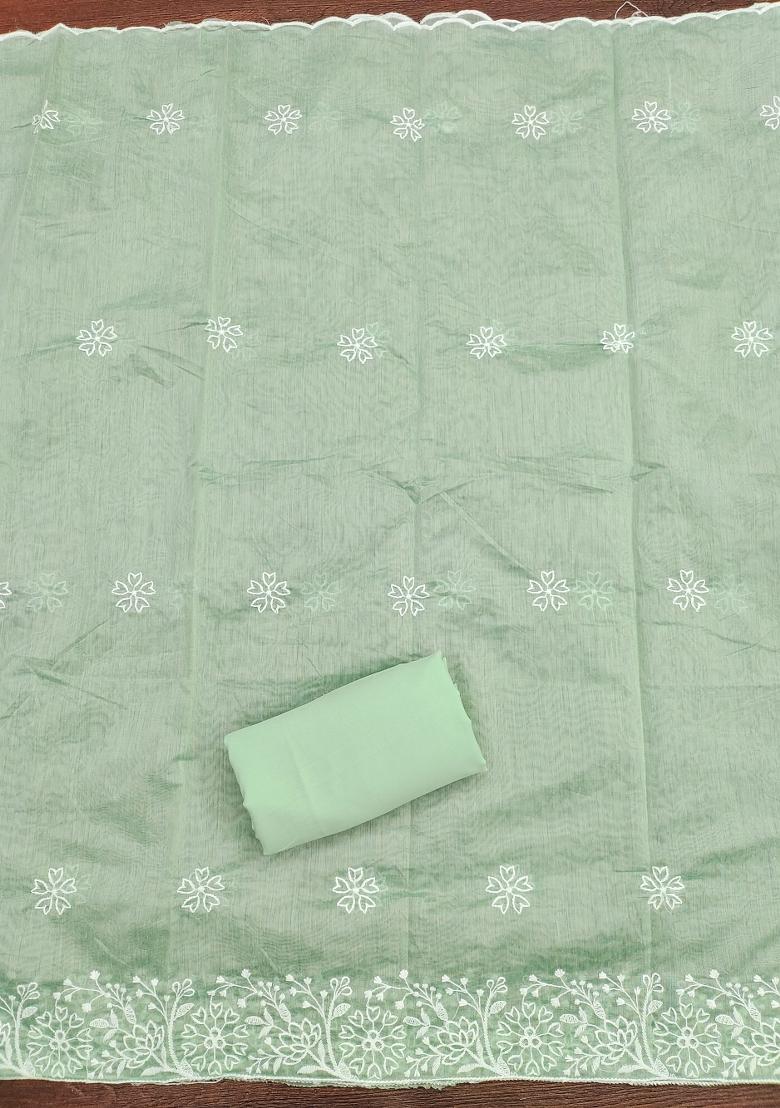Light Green Embroidered Cotton Blend Dress Material