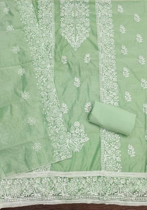 Light Green Embroidered Cotton Blend Dress Material
