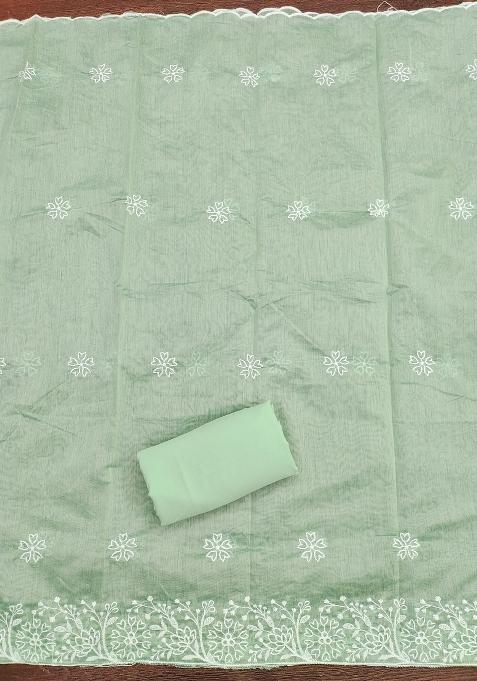 Light Green Embroidered Cotton Blend Dress Material