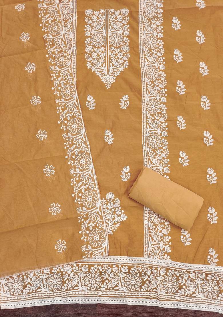 Yellow Chikankari Blended Pakistani Suit Set - Indya