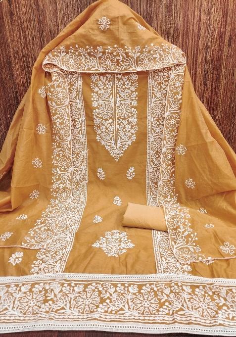 Yellow Embroidered Cotton Blend Dress Material