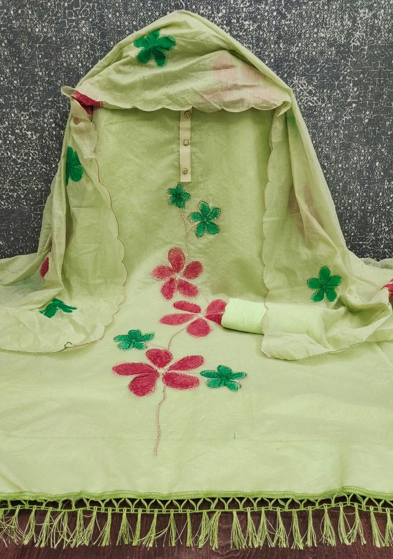 Light Green Embroidered Chanderi Dress Material
