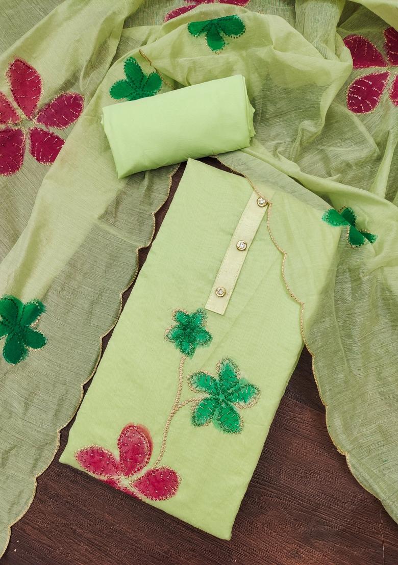 Light Green Embroidered Chanderi Dress Material