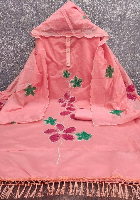 Peach Embroidered Chanderi Dress Material