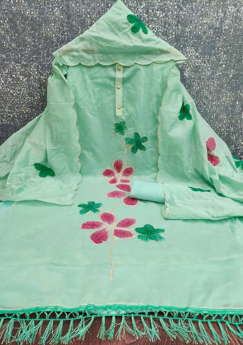 Sea Green Embroidered Chanderi Straight Kurta Set - Indya