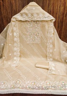 Beige Embroidered Cotton Blend Dress Material