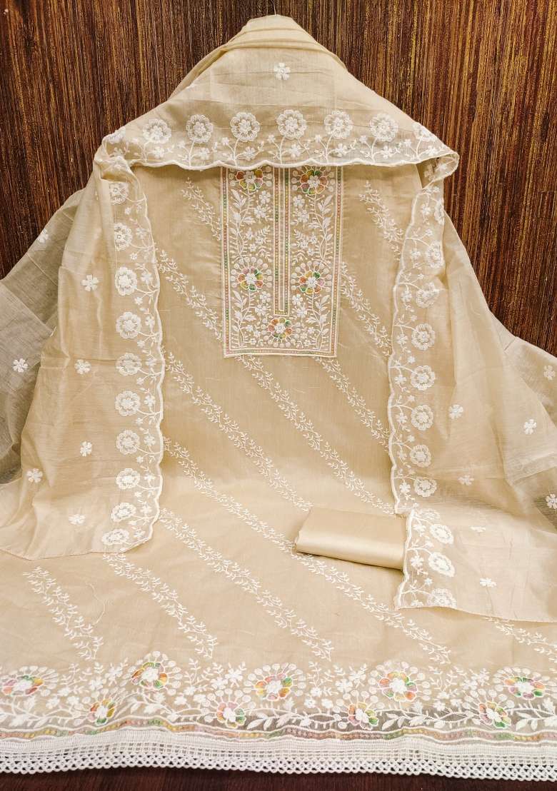 Beige Chikankari Blended Pakistani Suit Set - Indya