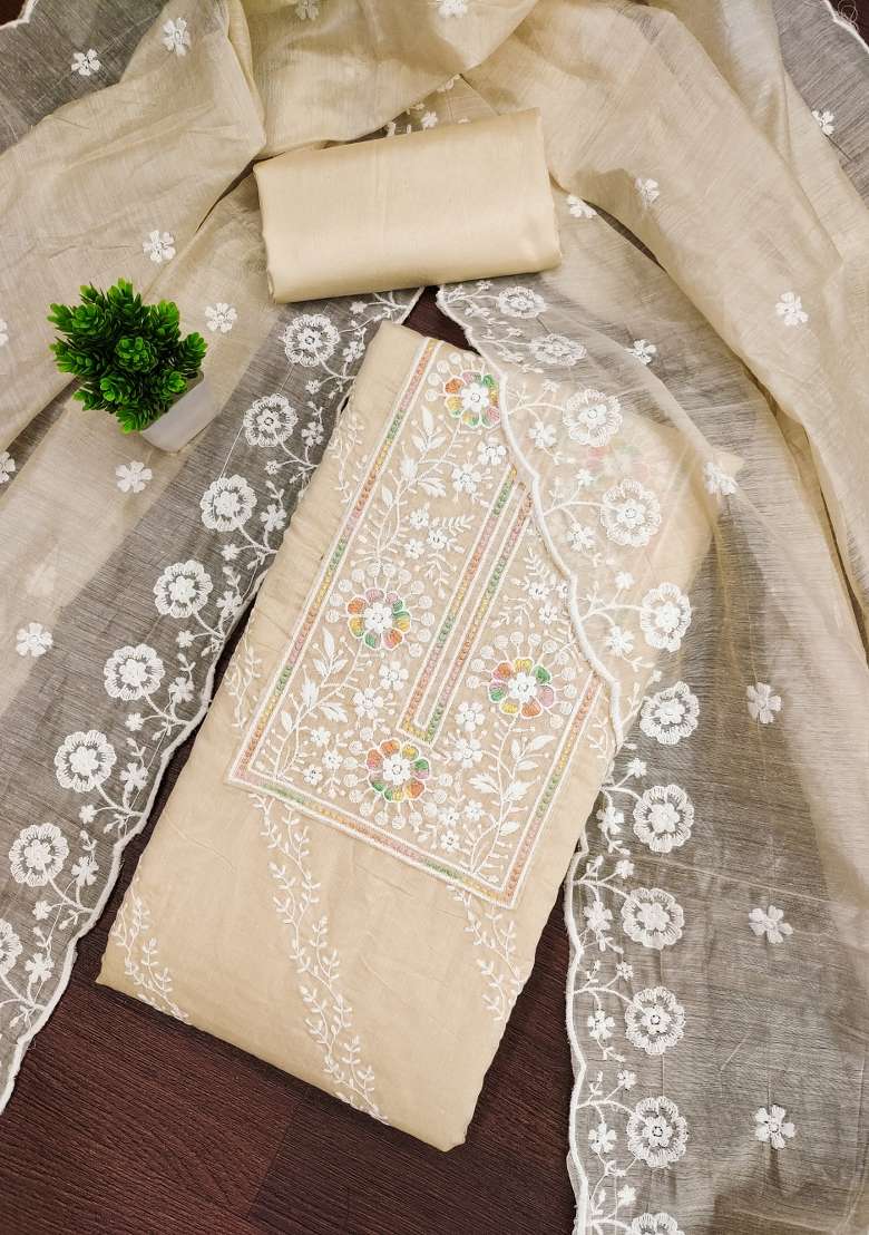 Beige Chikankari Blended Pakistani Suit Set - Indya