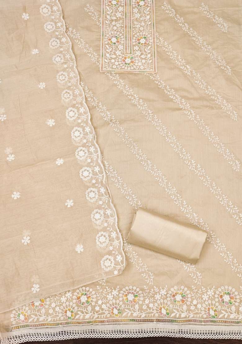 Beige Chikankari Blended Pakistani Suit Set - Indya