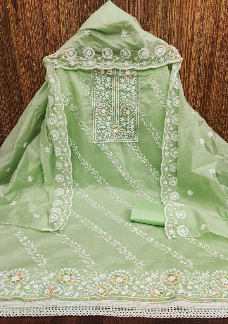 Light Green Embroidered Cotton Pakistani Suit Set - Indya