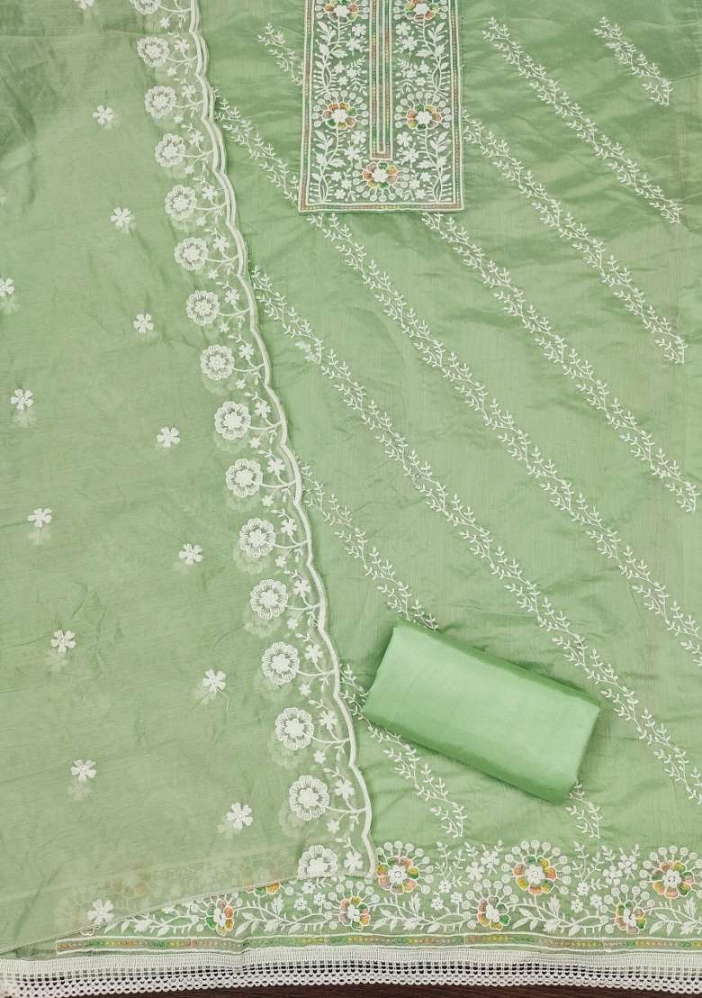 Light Green Embroidered Cotton Pakistani Suit Set - Indya