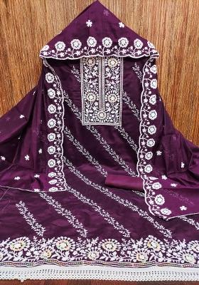 Purple Embroidered Cotton Blend Dress Material
