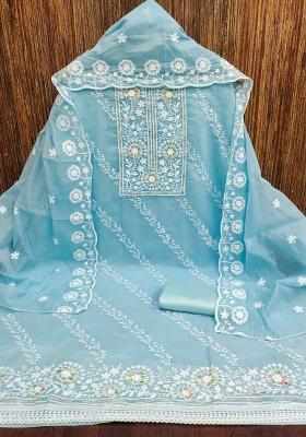 Sky Blue Embroidered Cotton Blend Dress Material