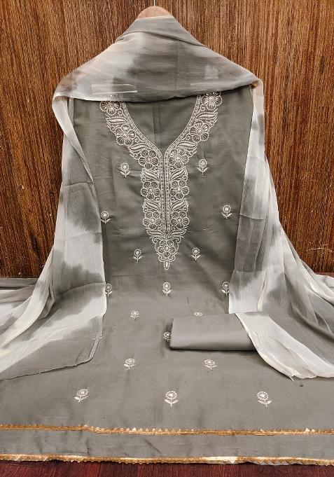 Grey Embroidered Cotton Blend Dress Material