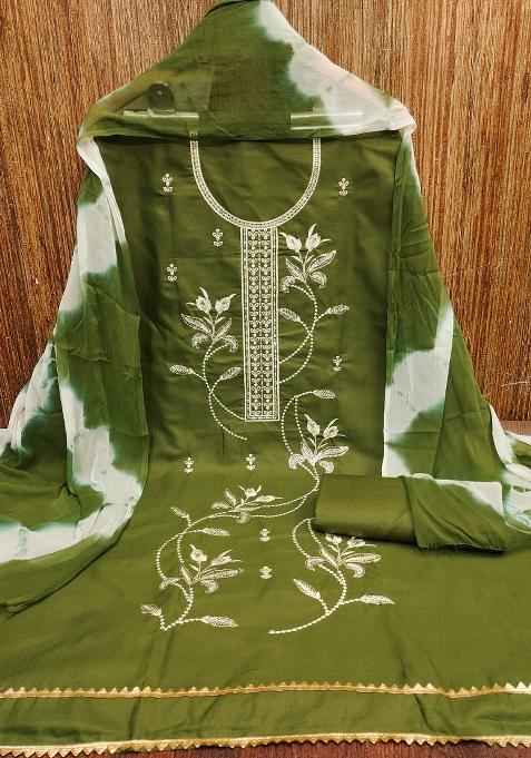 Mehandi Embroidered Cotton Blend Dress Material