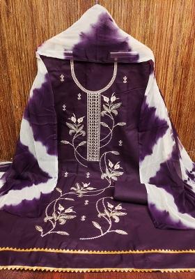 Purple Embroidered Cotton Blend Dress Material