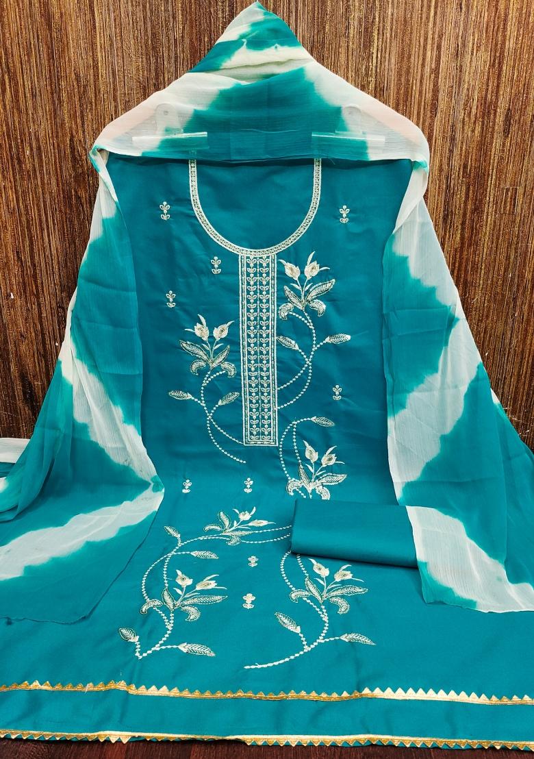Sea Green Embroidered Cotton Blend Dress Material