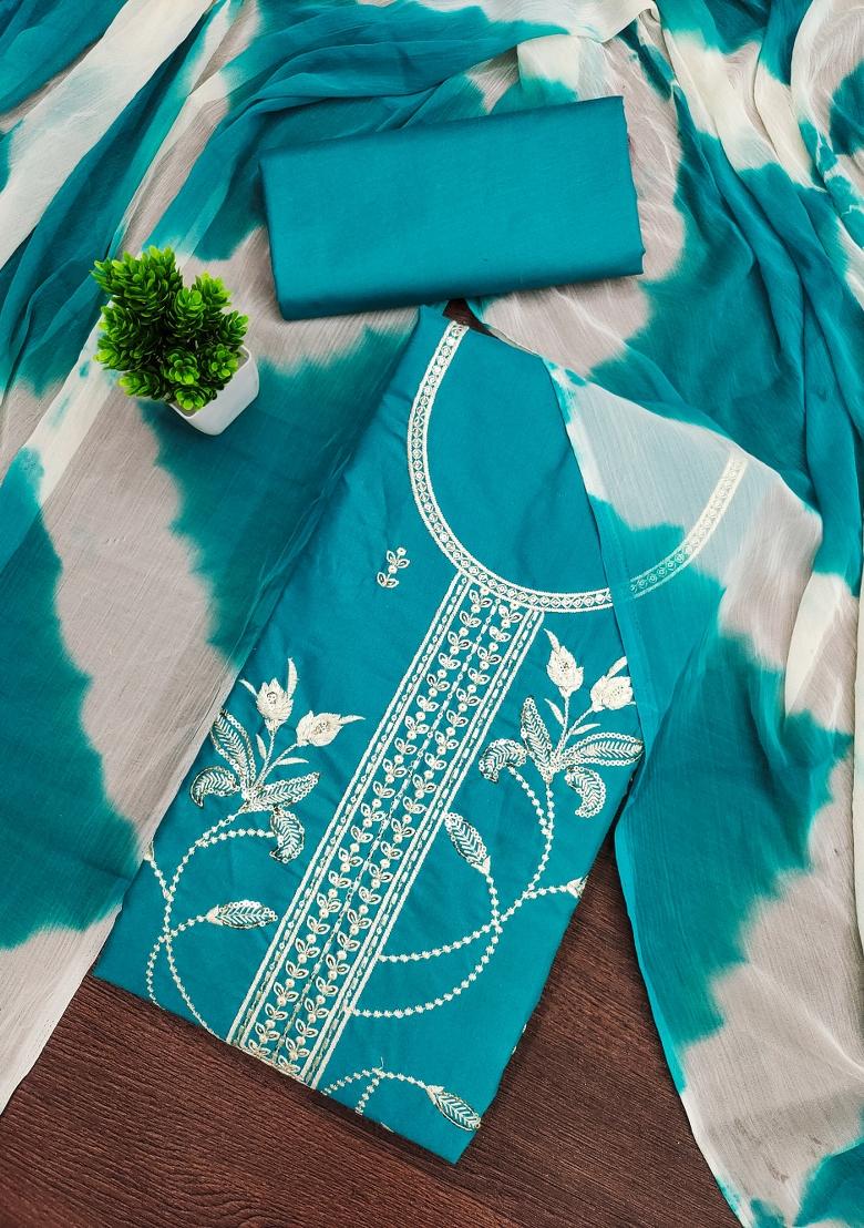 Sea Green Embroidered Cotton Blend Dress Material