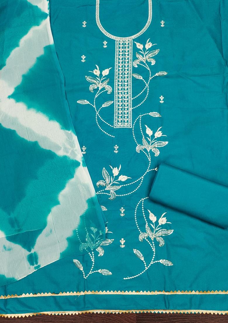 Sea Green Embroidered Cotton Blend Dress Material
