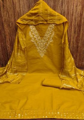 Mehandi Embroidered Cotton Blend Dress Material