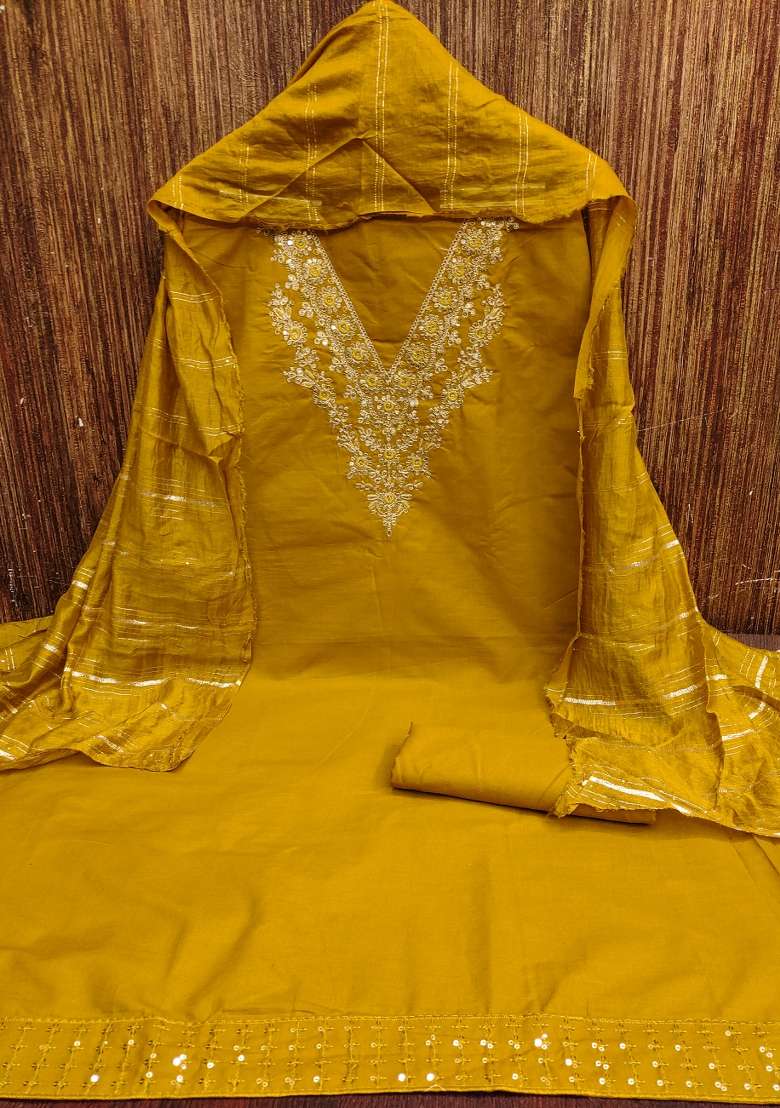 Mehandi Embroidered Cotton Blend Dress Material - Indya
