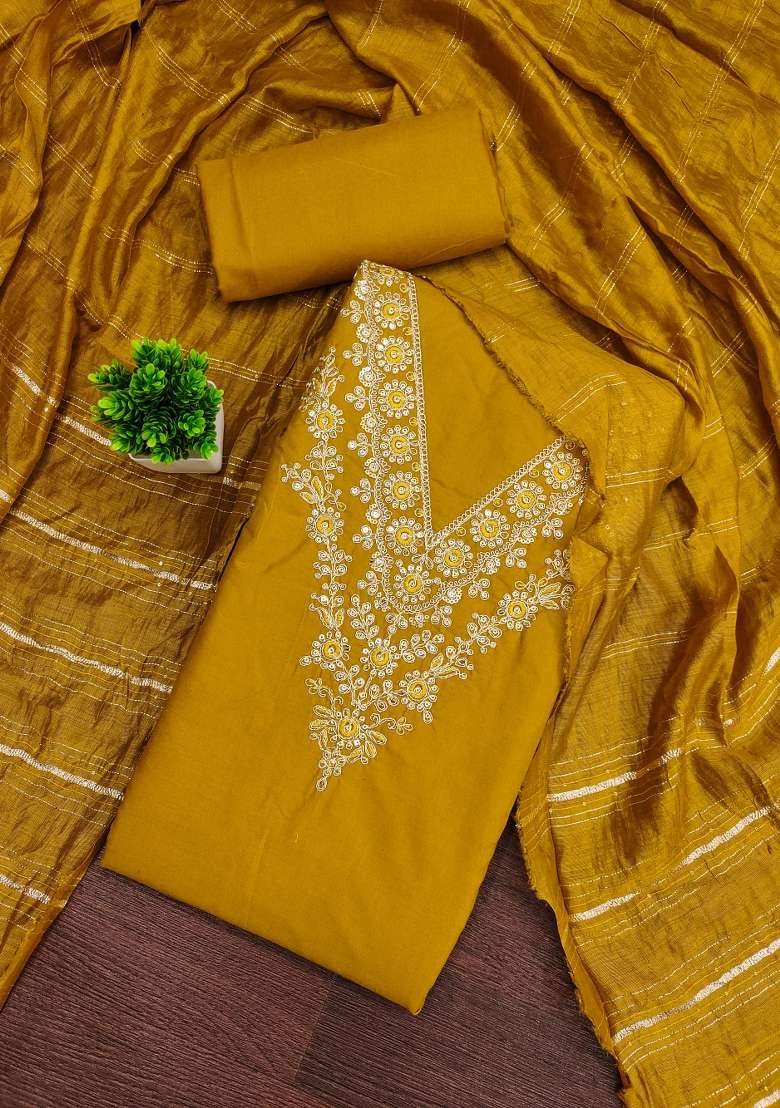 Mehandi Embroidered Cotton Blend Dress Material - Indya